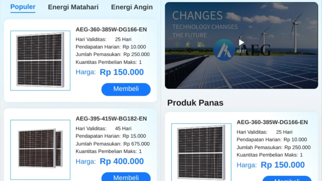 Investasi Dapat 250 Ribu Aplikasi AEG Energy Penghasil Uang