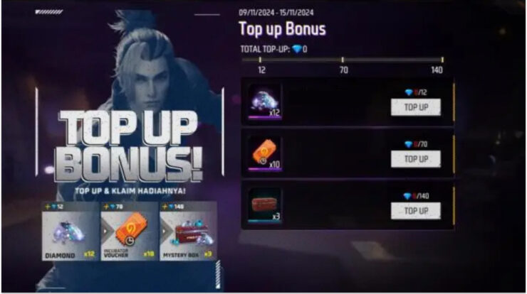 Event FF 2024 Bonus Top Up 9-15 November: Ini Daftar Hadiahnya